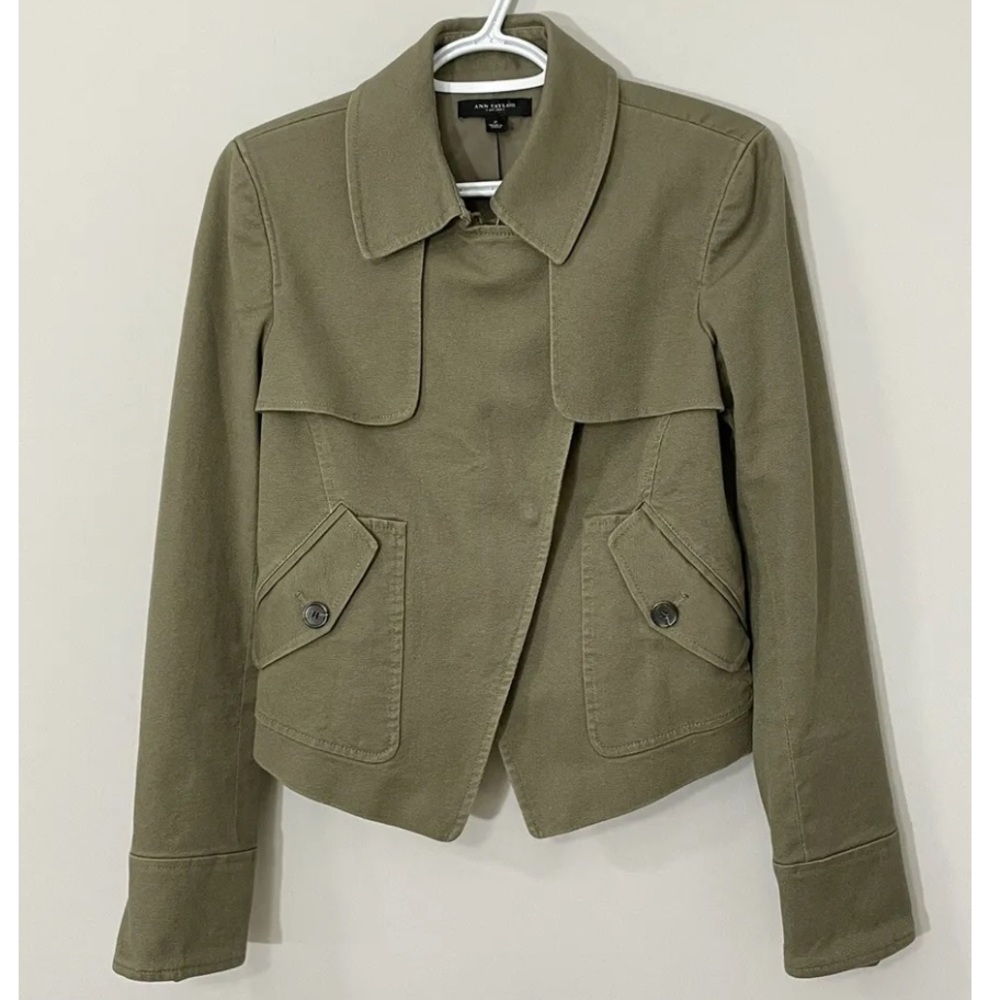 Ann Taylor Moto Cropped Military Green Canvas Jacket